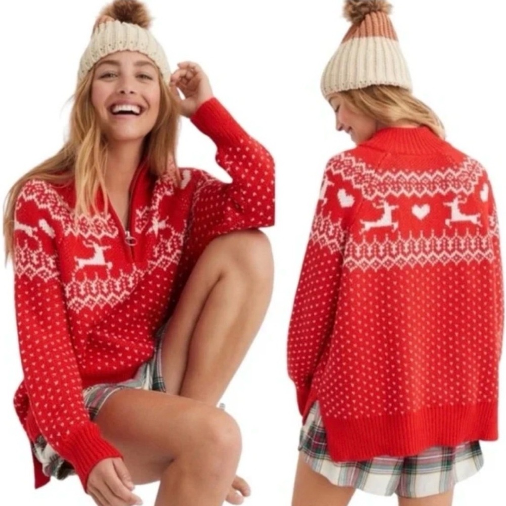 Aerie Christmas Fair Isle‎ Quarter Zip Chunky Knit Sweater